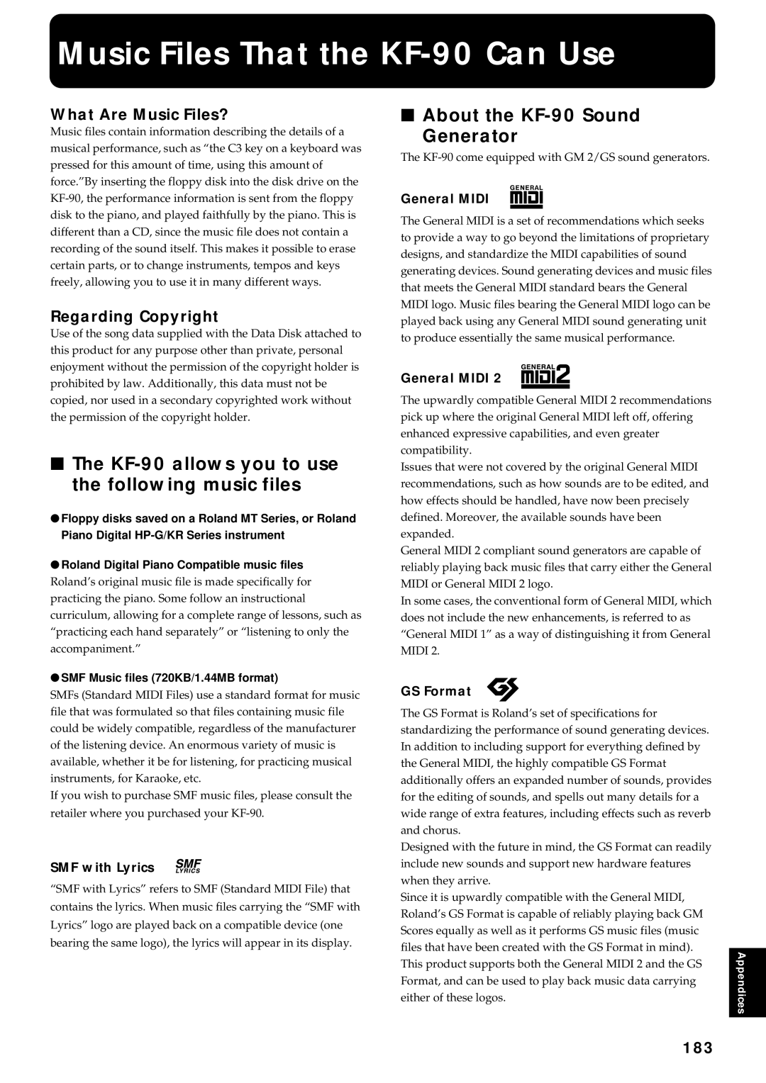 Roland owner manual Music Files That the KF-90 Can Use, KF-90 allows you to use the following music files 