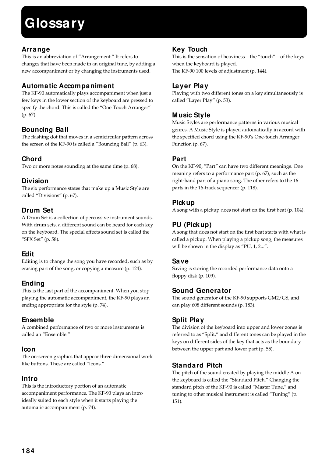 Roland KF-90 owner manual Glossary 