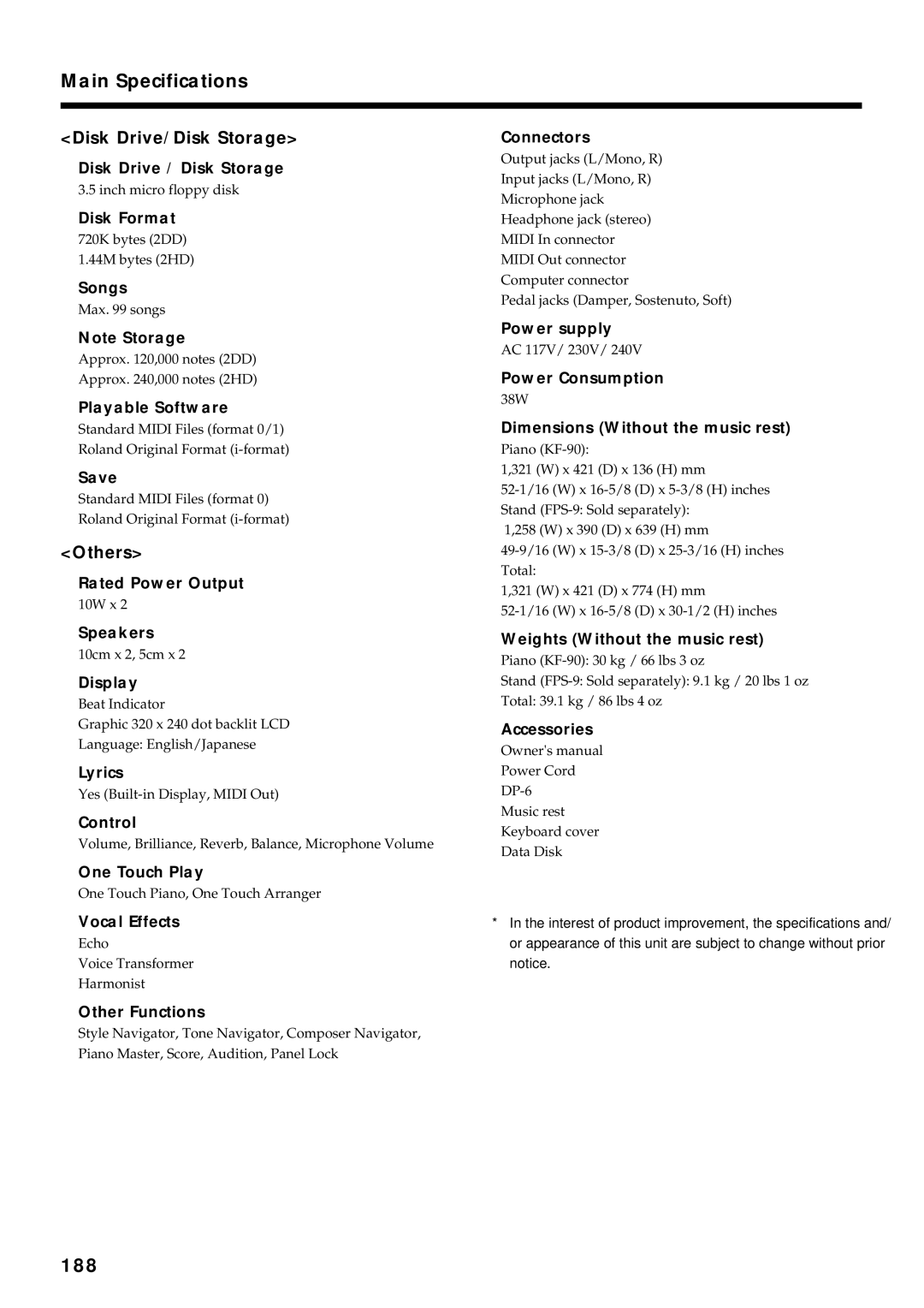 Roland KF-90 owner manual Main Specifications, 188 