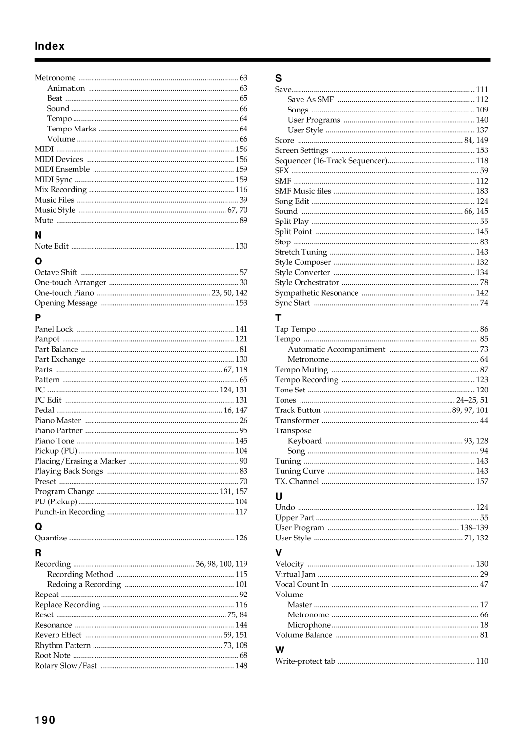 Roland KF-90 owner manual Index, 190 