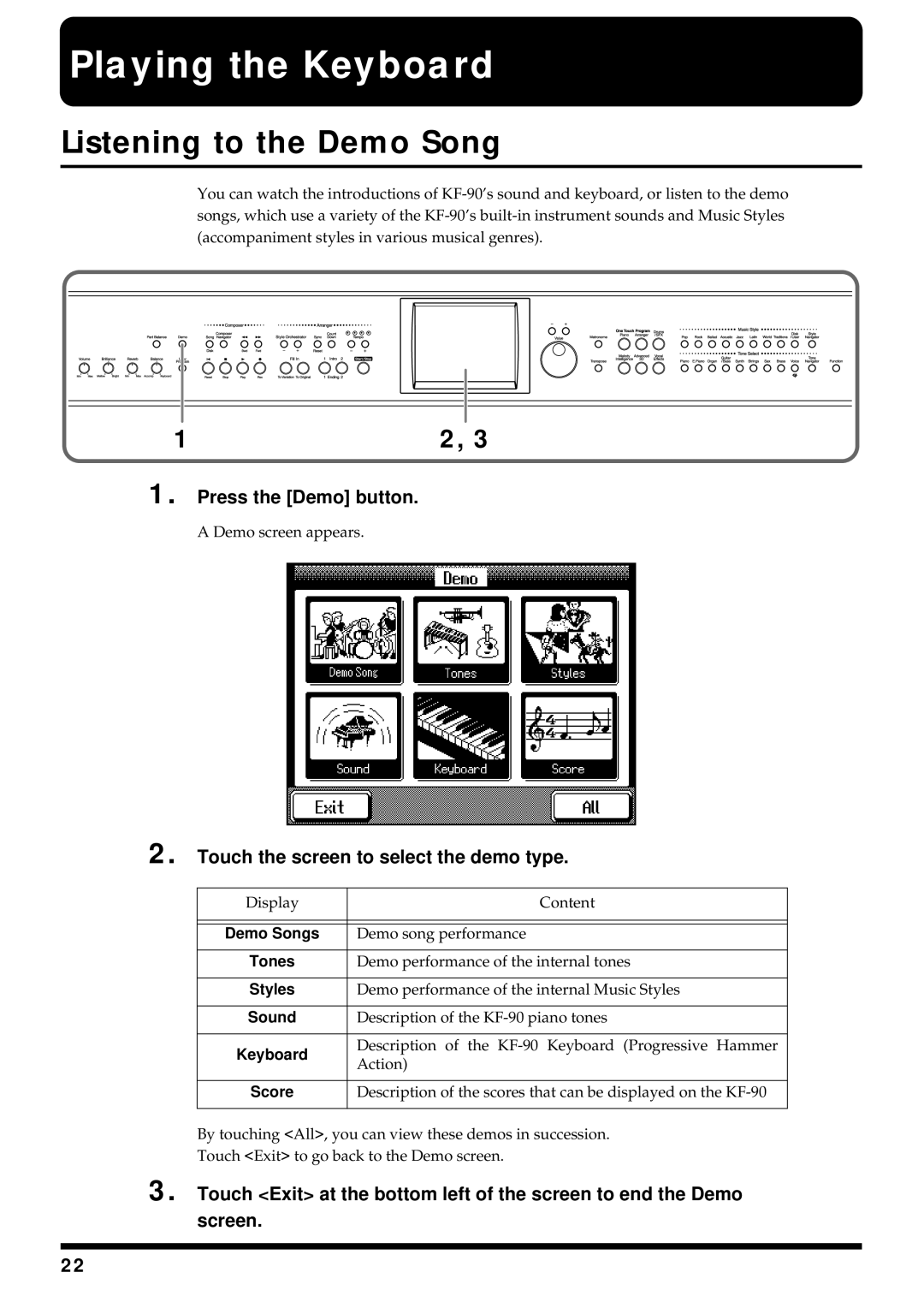 Roland KF-90 owner manual Playing the Keyboard, Press the Demo button, Touch the screen to select the demo type 