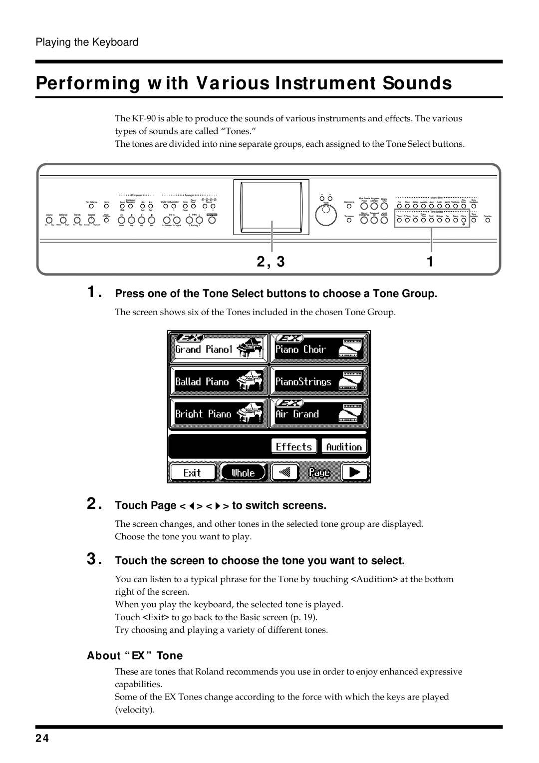 Roland KF-90 Press one of the Tone Select buttons to choose a Tone Group, Touch Page to switch screens, About EX Tone 