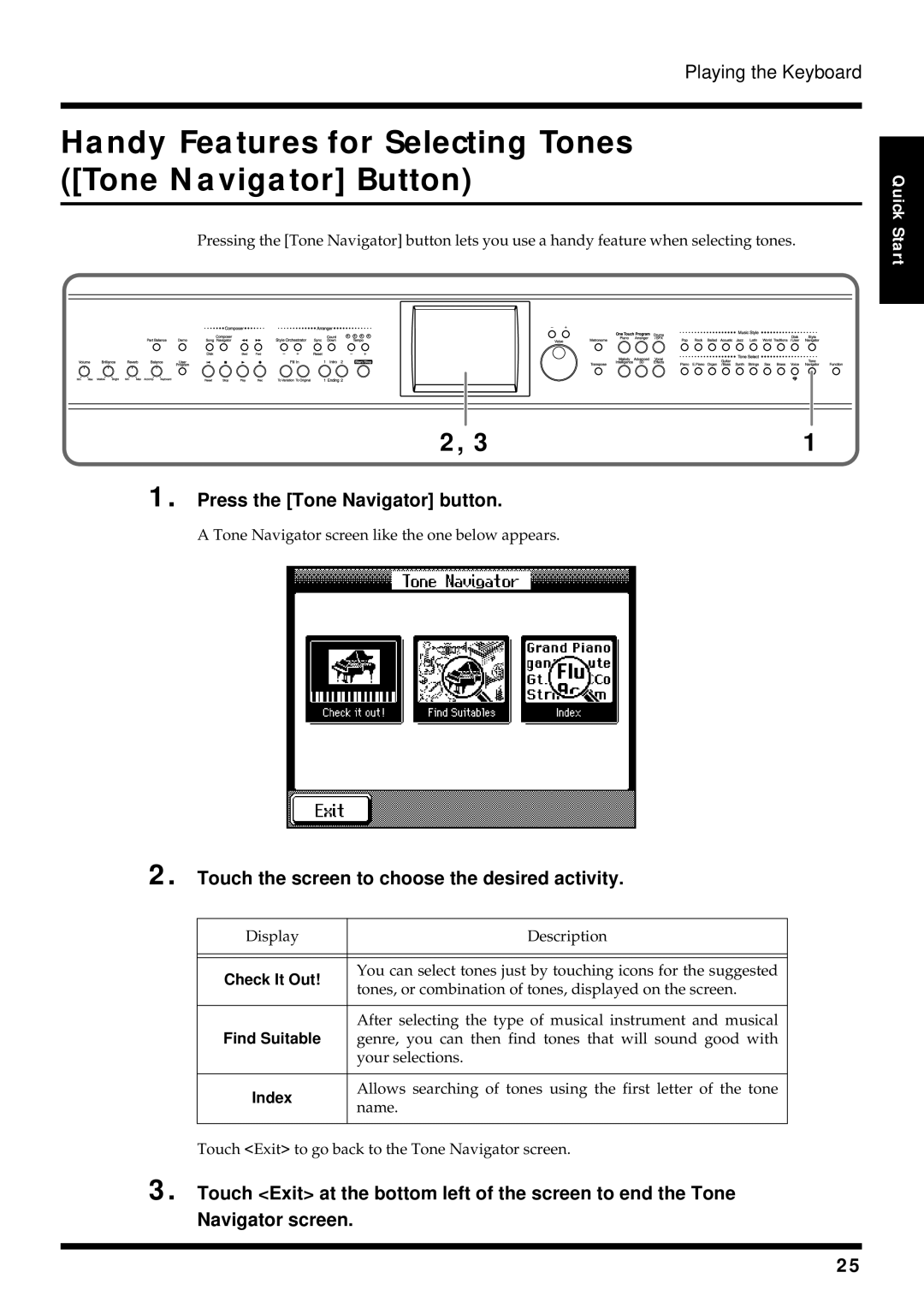 Roland KF-90 Press the Tone Navigator button, Touch the screen to choose the desired activity, Check It Out, Find Suitable 