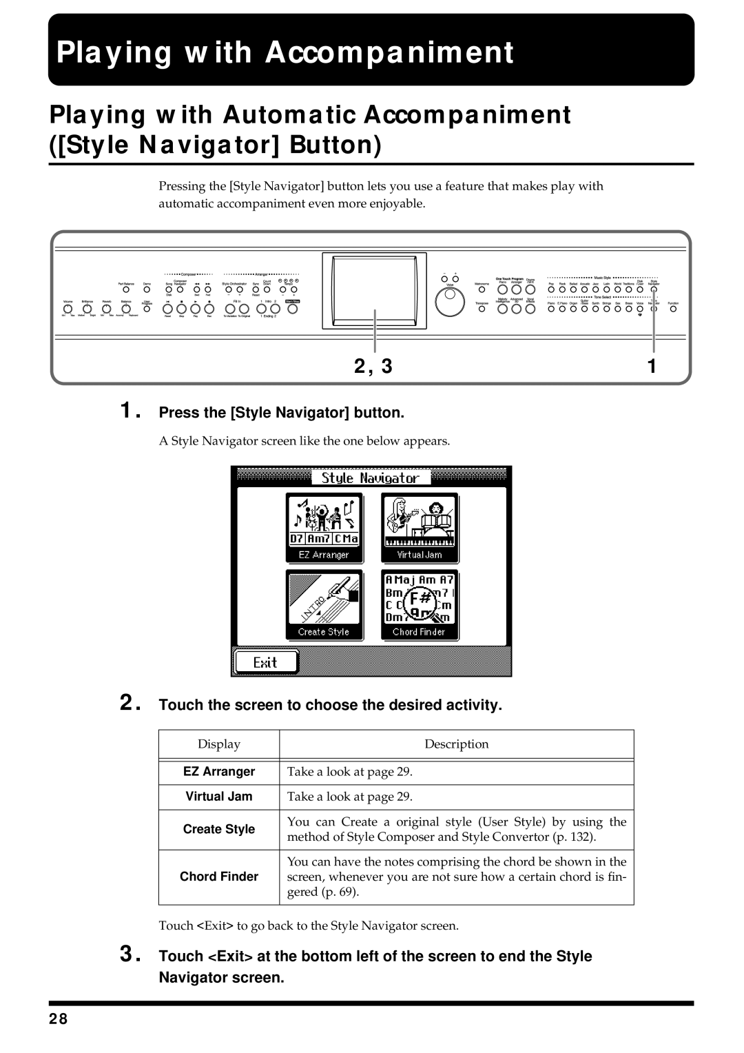 Roland KF-90 owner manual Playing with Accompaniment, Press the Style Navigator button, EZ Arranger, Chord Finder 