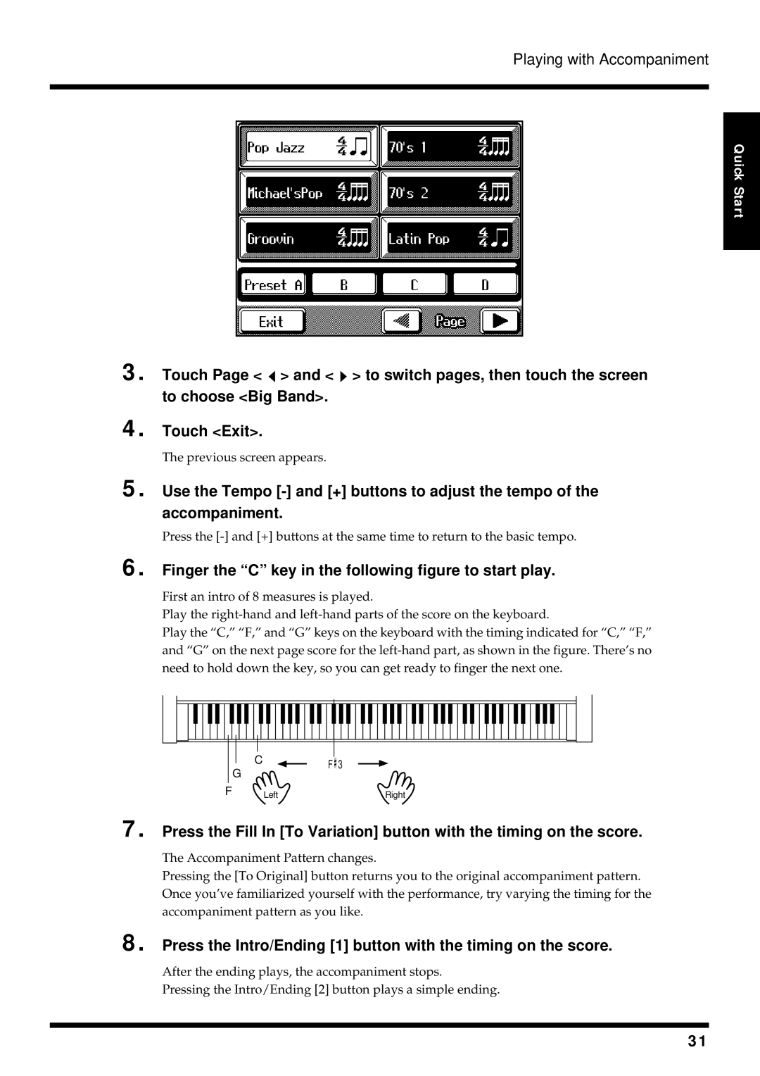 Roland KF-90 owner manual Finger the C key in the following figure to start play 