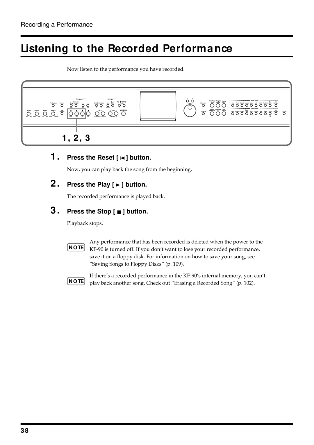 Roland KF-90 owner manual Press the Reset button, Press the Play button, Press the Stop button 