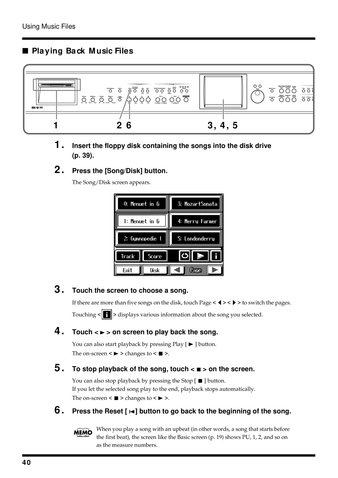 Roland KF-90 Playing Back Music Files, Touch the screen to choose a song, Touch on screen to play back the song 