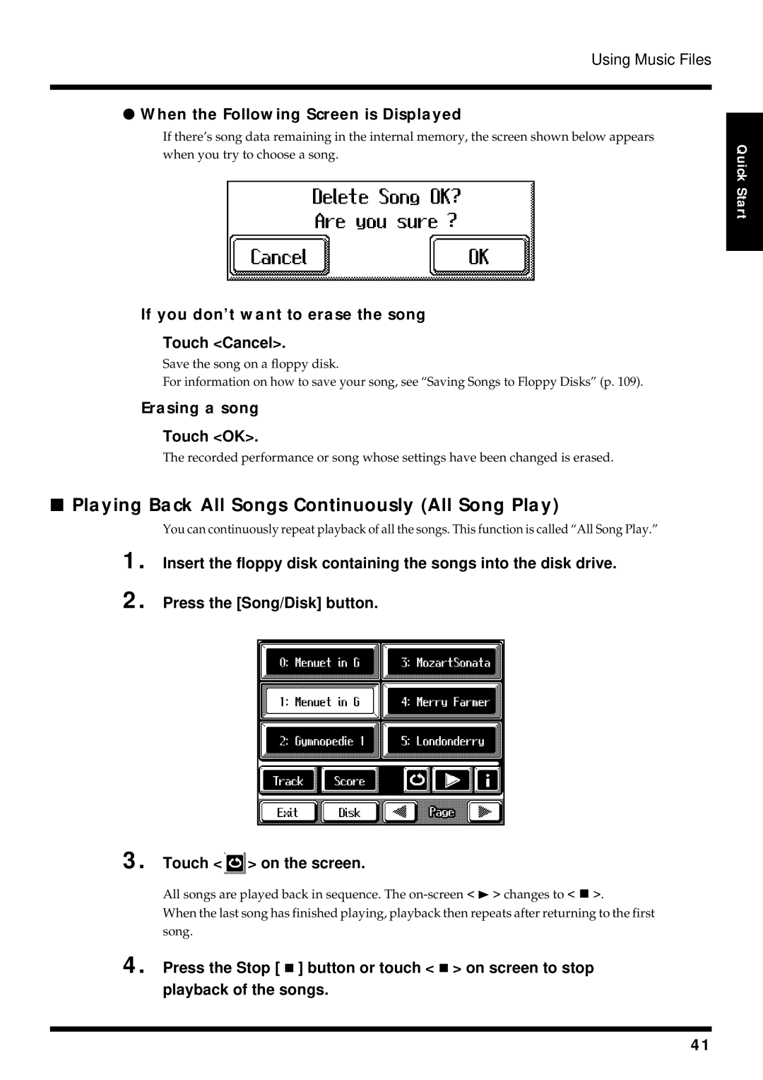 Roland KF-90 owner manual Playing Back All Songs Continuously All Song Play, Touch on the screen 