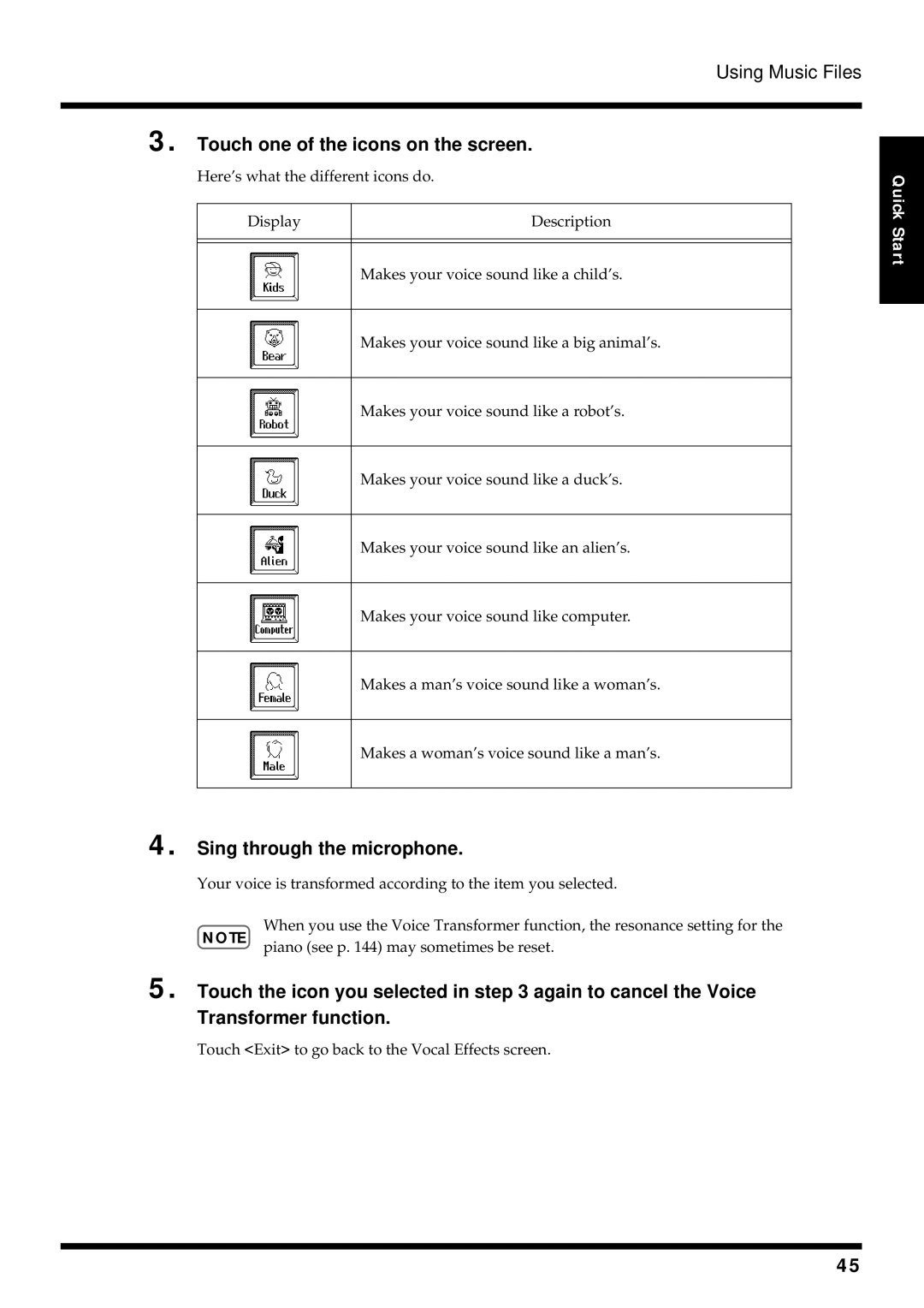 Roland KF-90 owner manual Touch one of the icons on the screen, Sing through the microphone 