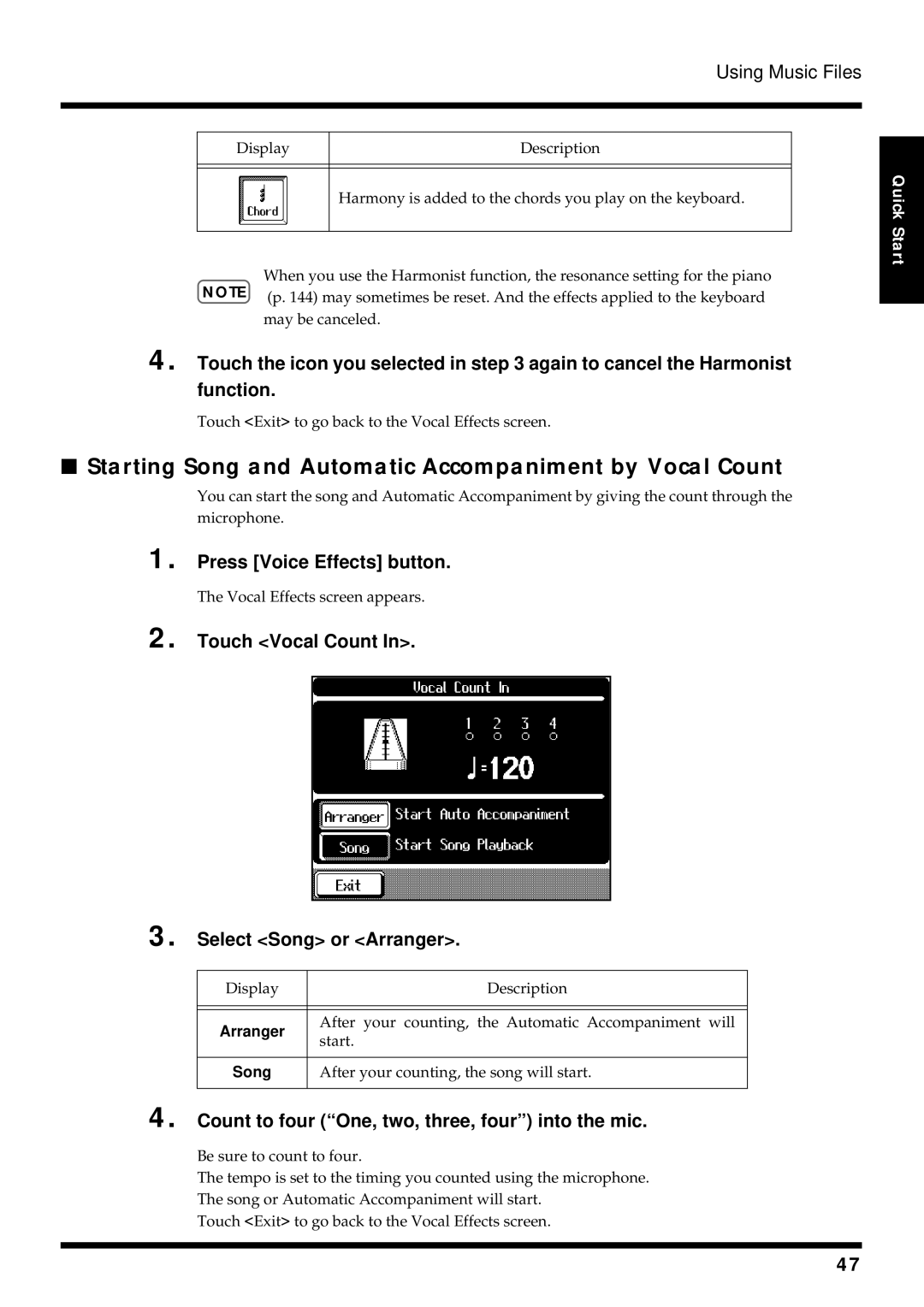 Roland KF-90 Starting Song and Automatic Accompaniment by Vocal Count, Press Voice Effects button, Touch Vocal Count 