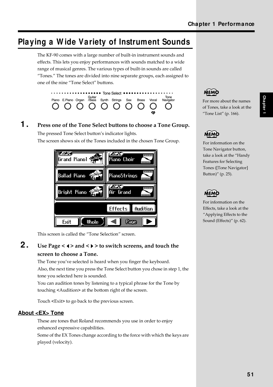 Roland KF-90 owner manual Playing a Wide Variety of Instrument Sounds, Performance, About EX Tone 