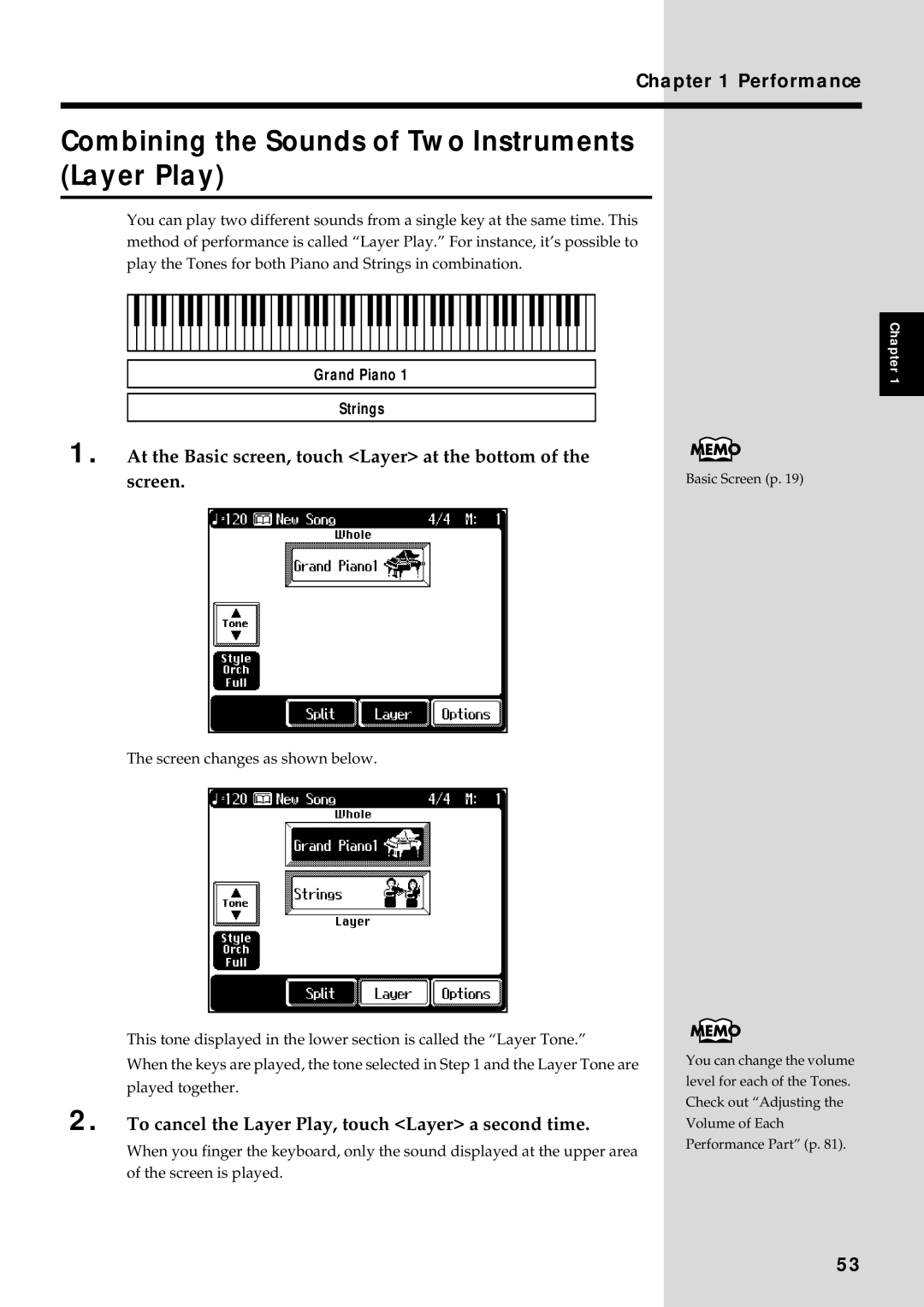 Roland KF-90 Combining the Sounds of Two Instruments Layer Play, To cancel the Layer Play, touch Layer a second time 