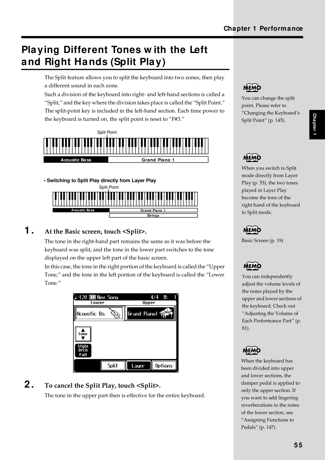 Roland KF-90 owner manual At the Basic screen, touch Split, To cancel the Split Play, touch Split 