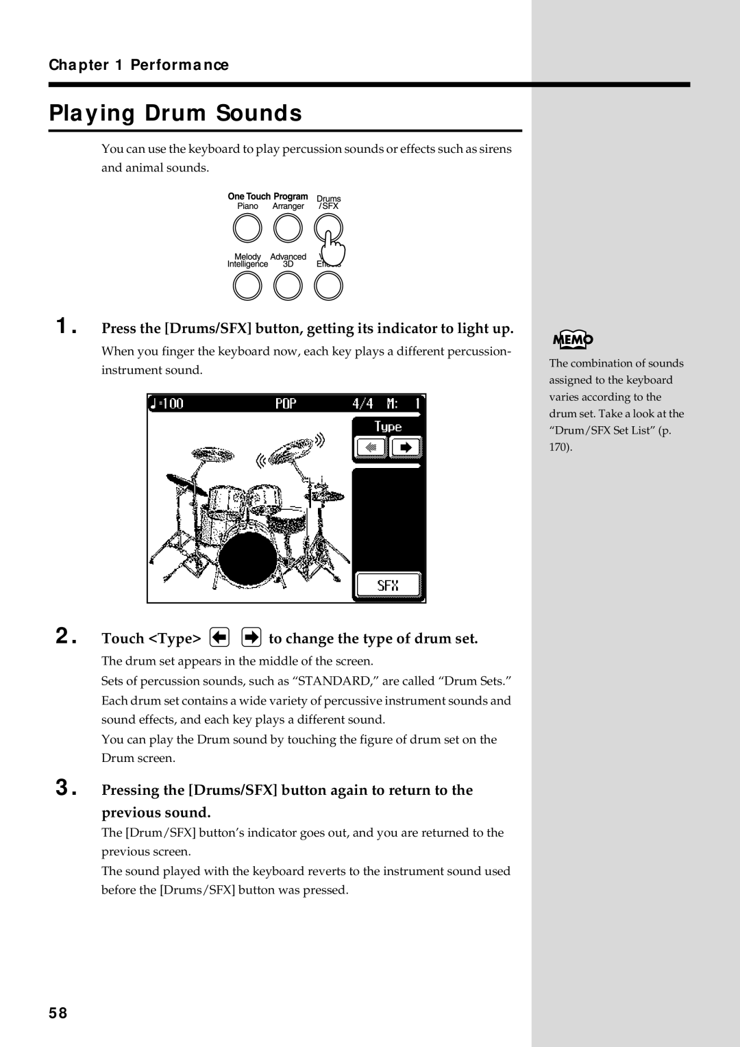 Roland KF-90 owner manual Playing Drum Sounds, Touch Type to change the type of drum set 