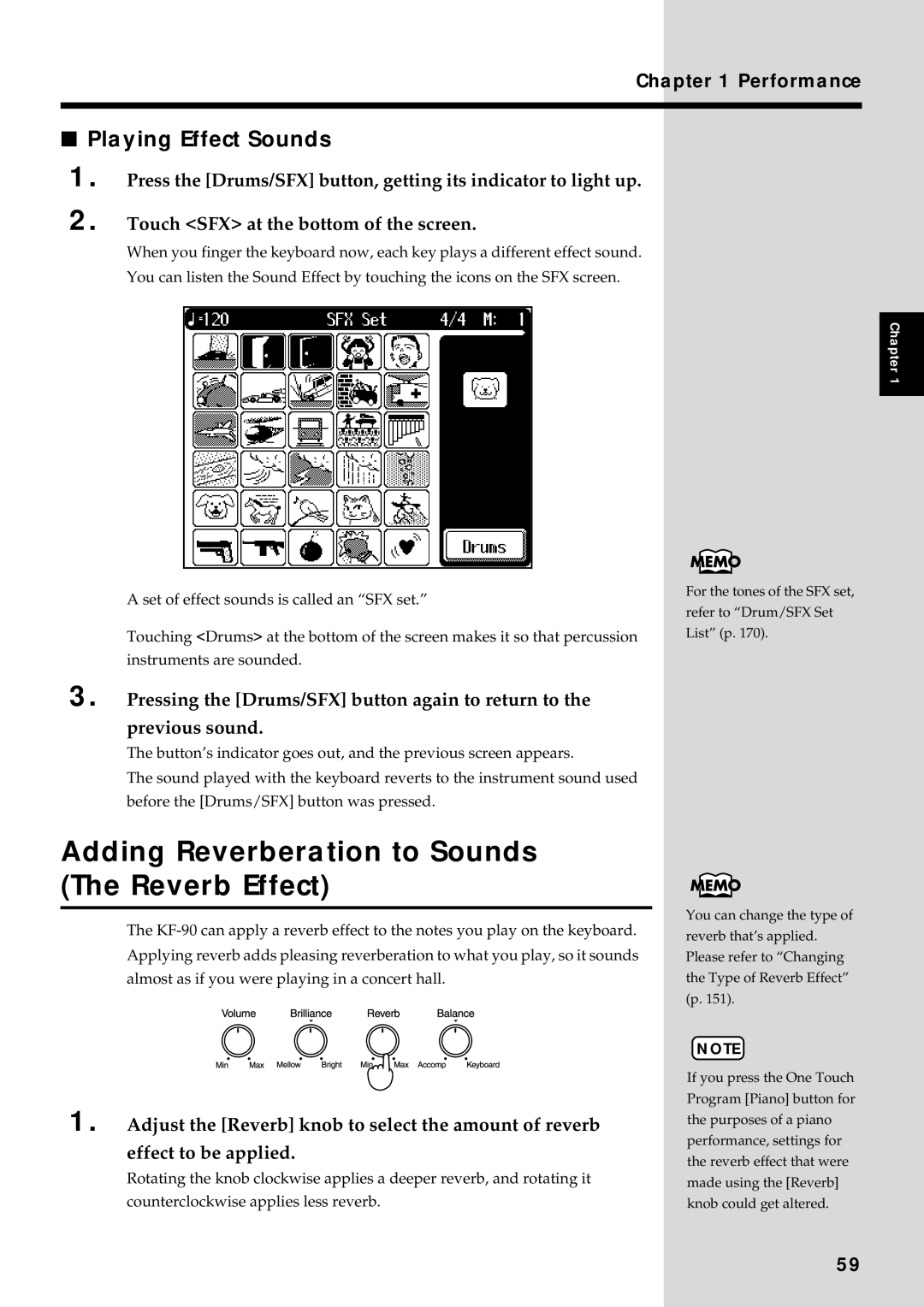 Roland KF-90 owner manual Adding Reverberation to Sounds The Reverb Effect, Playing Effect Sounds 