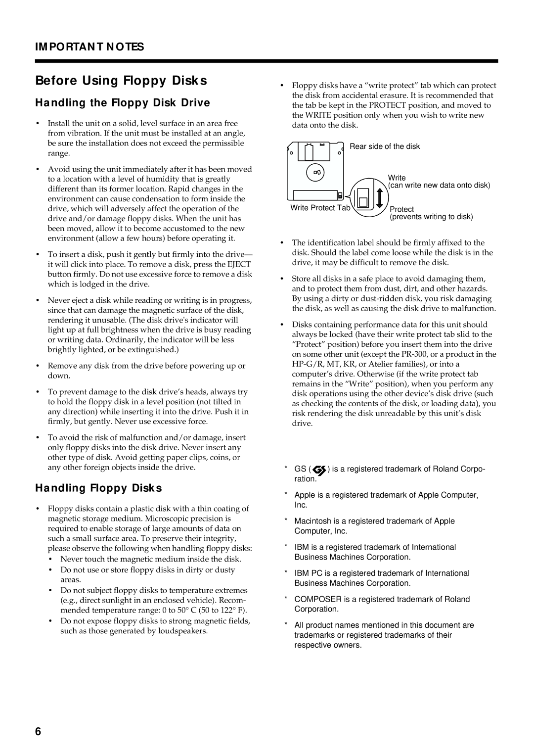 Roland KF-90 owner manual Before Using Floppy Disks, Handling the Floppy Disk Drive, Handling Floppy Disks 