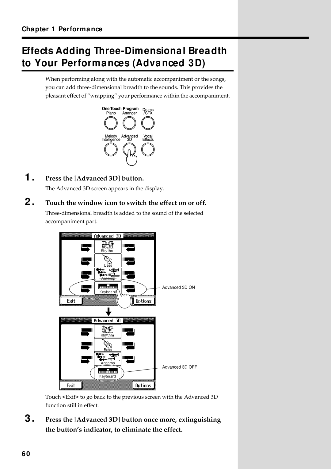 Roland KF-90 owner manual Press the Advanced 3D button, Touch the window icon to switch the effect on or off 