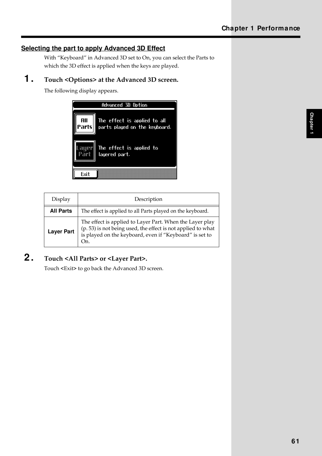 Roland KF-90 Performance Selecting the part to apply Advanced 3D Effect, Touch Options at the Advanced 3D screen 