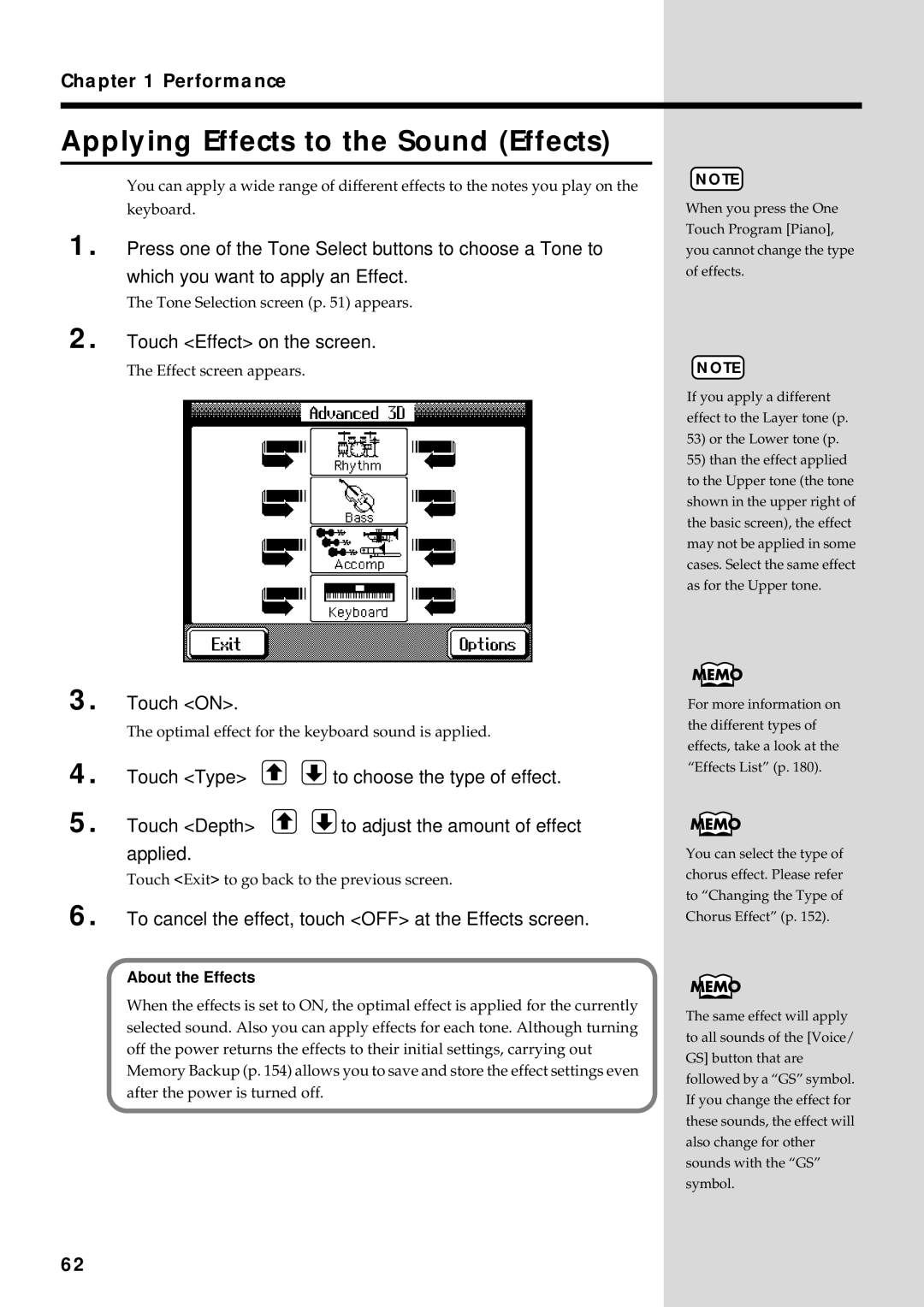 Roland KF-90 owner manual Applying Effects to the Sound Effects, Touch Effect on the screen, Touch on, About the Effects 