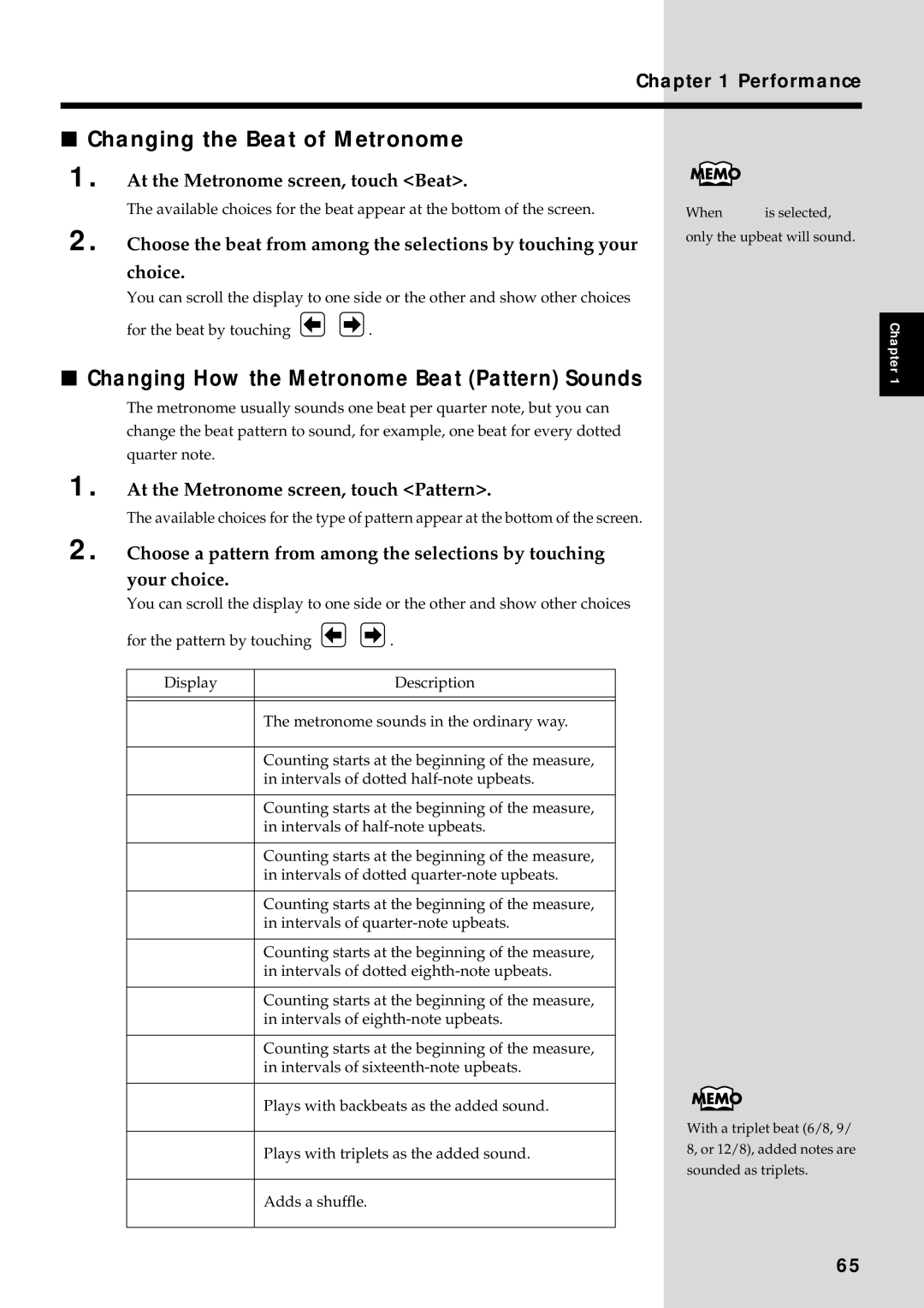 Roland KF-90 owner manual Changing the Beat of Metronome, Changing How the Metronome Beat Pattern Sounds 