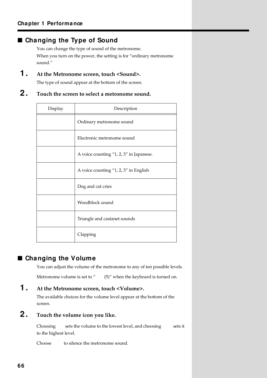 Roland KF-90 owner manual Changing the Type of Sound, Changing the Volume 