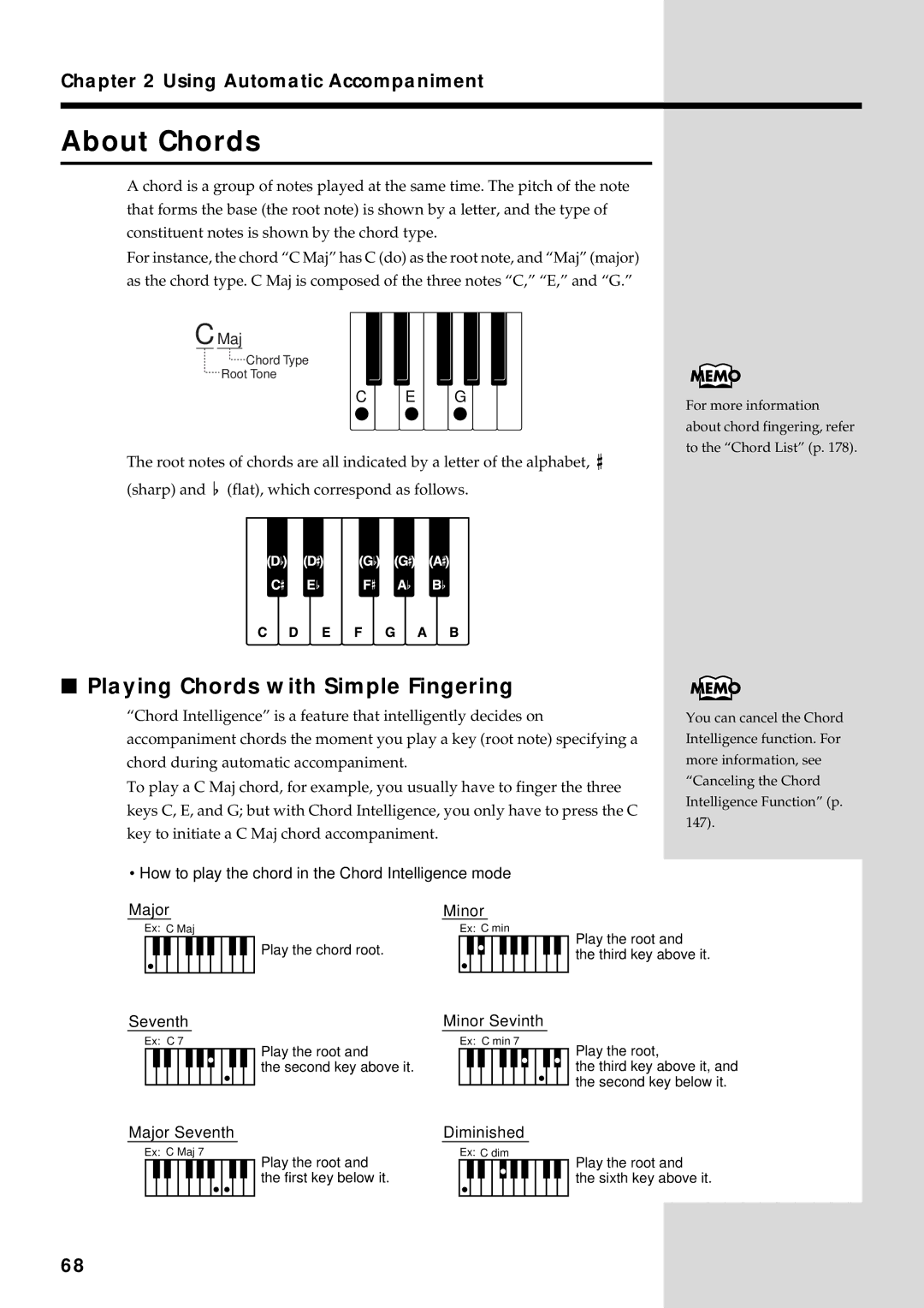 Roland KF-90 owner manual About Chords, Playing Chords with Simple Fingering, Using Automatic Accompaniment 