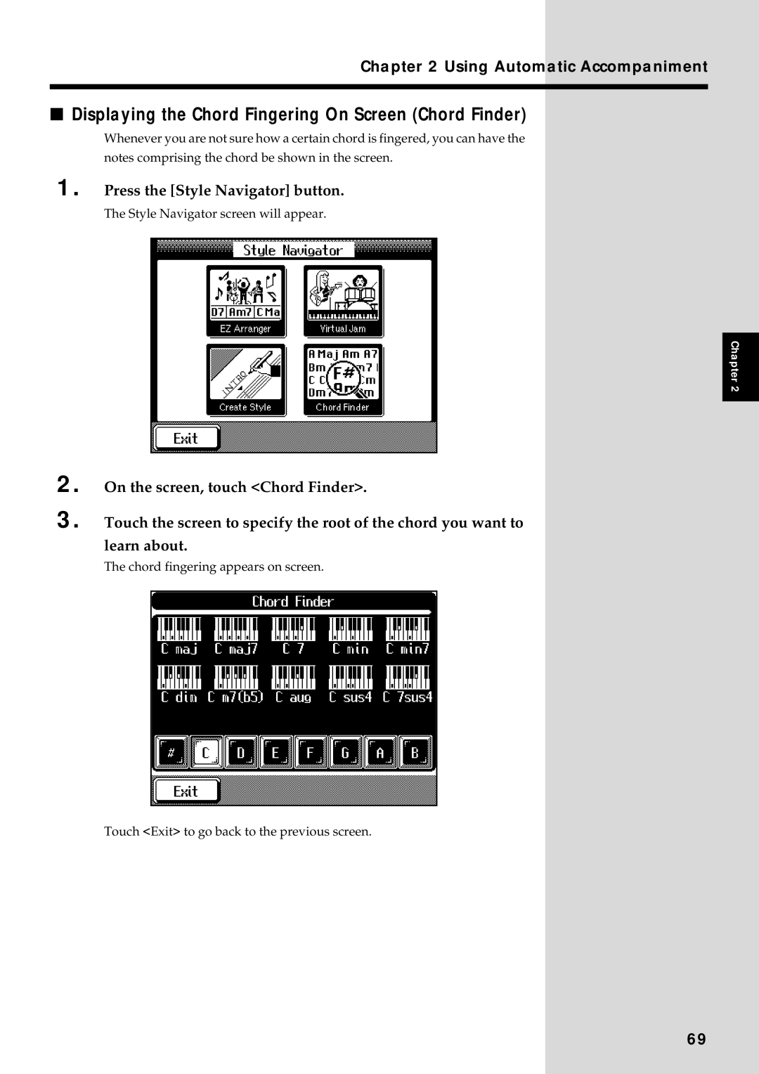 Roland KF-90 owner manual Displaying the Chord Fingering On Screen Chord Finder, Press the Style Navigator button 