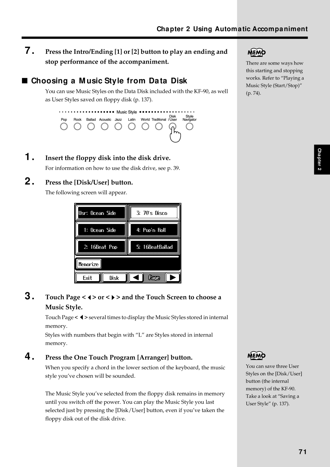 Roland KF-90 Choosing a Music Style from Data Disk, Insert the floppy disk into the disk drive, Press the Disk/User button 