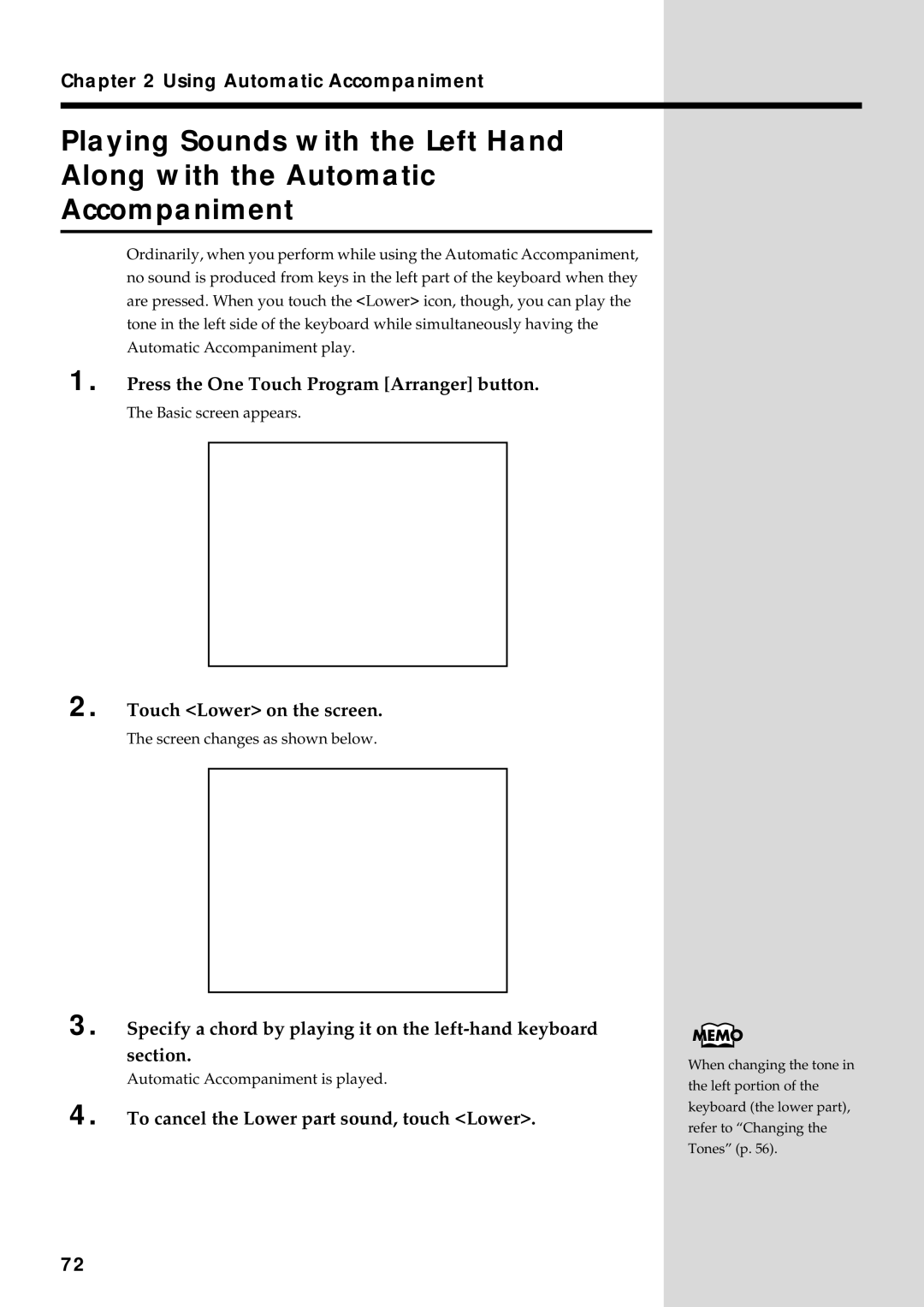 Roland KF-90 owner manual Touch Lower on the screen, To cancel the Lower part sound, touch Lower 