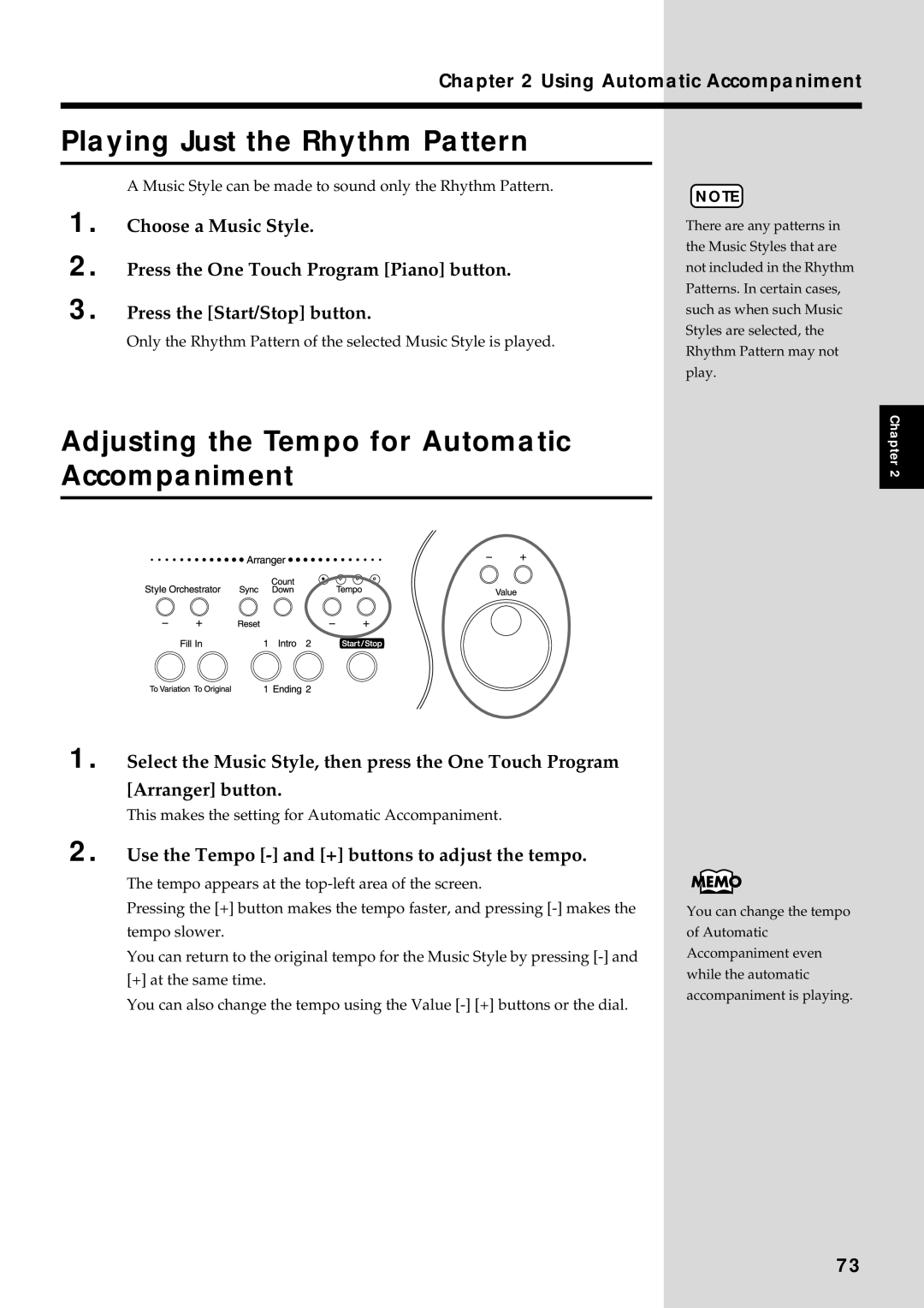 Roland KF-90 owner manual Playing Just the Rhythm Pattern, Adjusting the Tempo for Automatic Accompaniment 