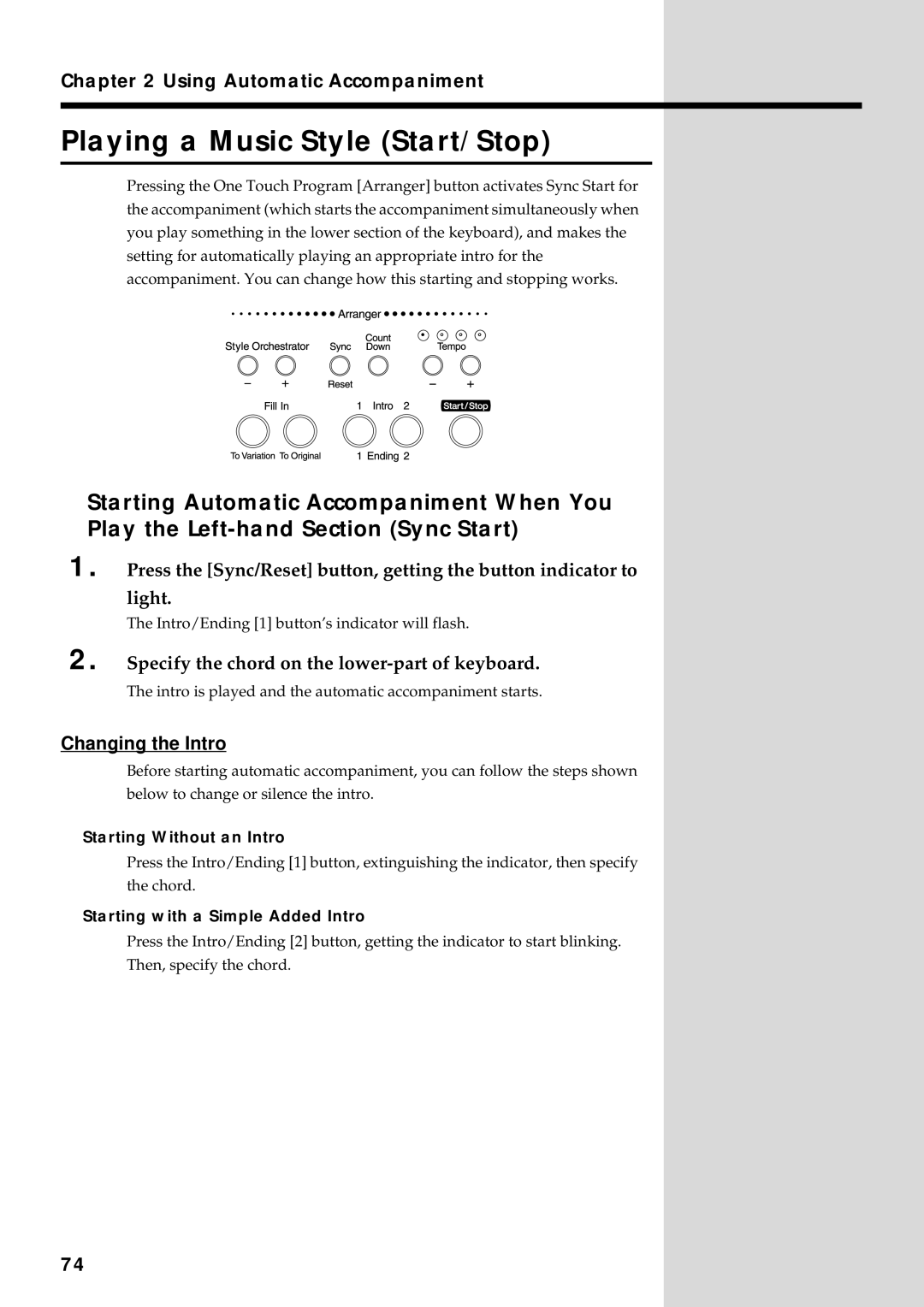 Roland KF-90 Playing a Music Style Start/Stop, Specify the chord on the lower-part of keyboard, Changing the Intro 