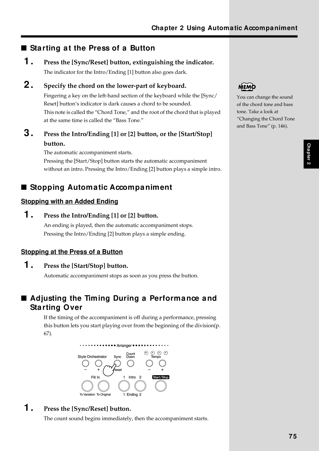 Roland KF-90 Starting at the Press of a Button, Stopping Automatic Accompaniment, Stopping with an Added Ending 