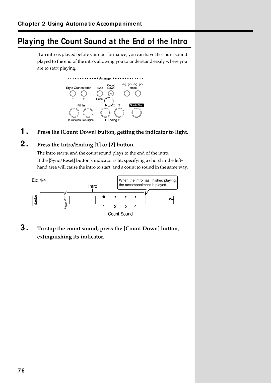 Roland KF-90 owner manual Playing the Count Sound at the End of the Intro, 11.e 