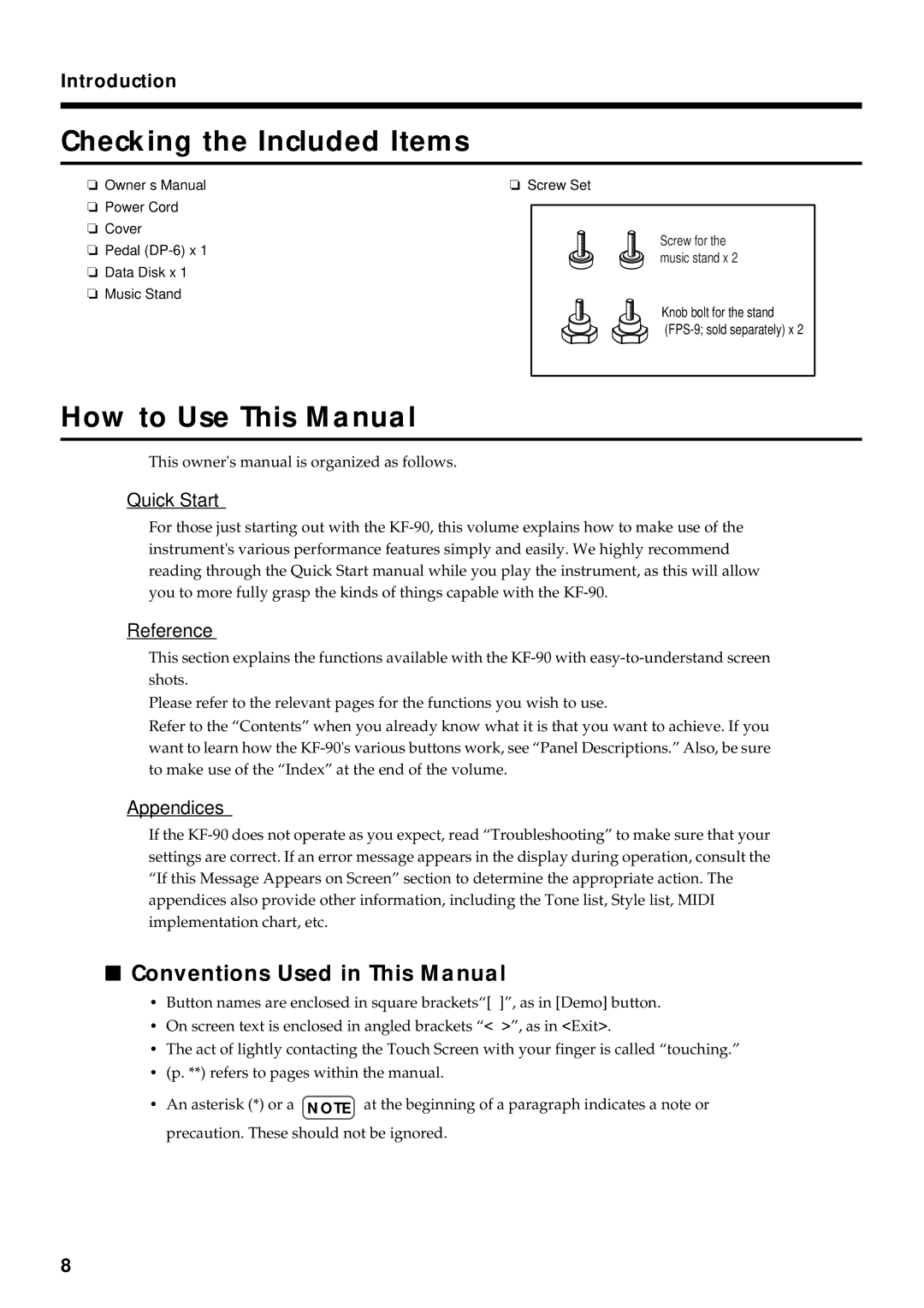 Roland KF-90 owner manual Checking the Included Items, How to Use This Manual, Conventions Used in This Manual 