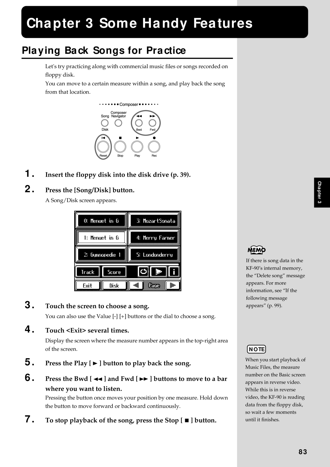 Roland KF-90 owner manual Some Handy Features, Playing Back Songs for Practice, Touch the screen to choose a song 