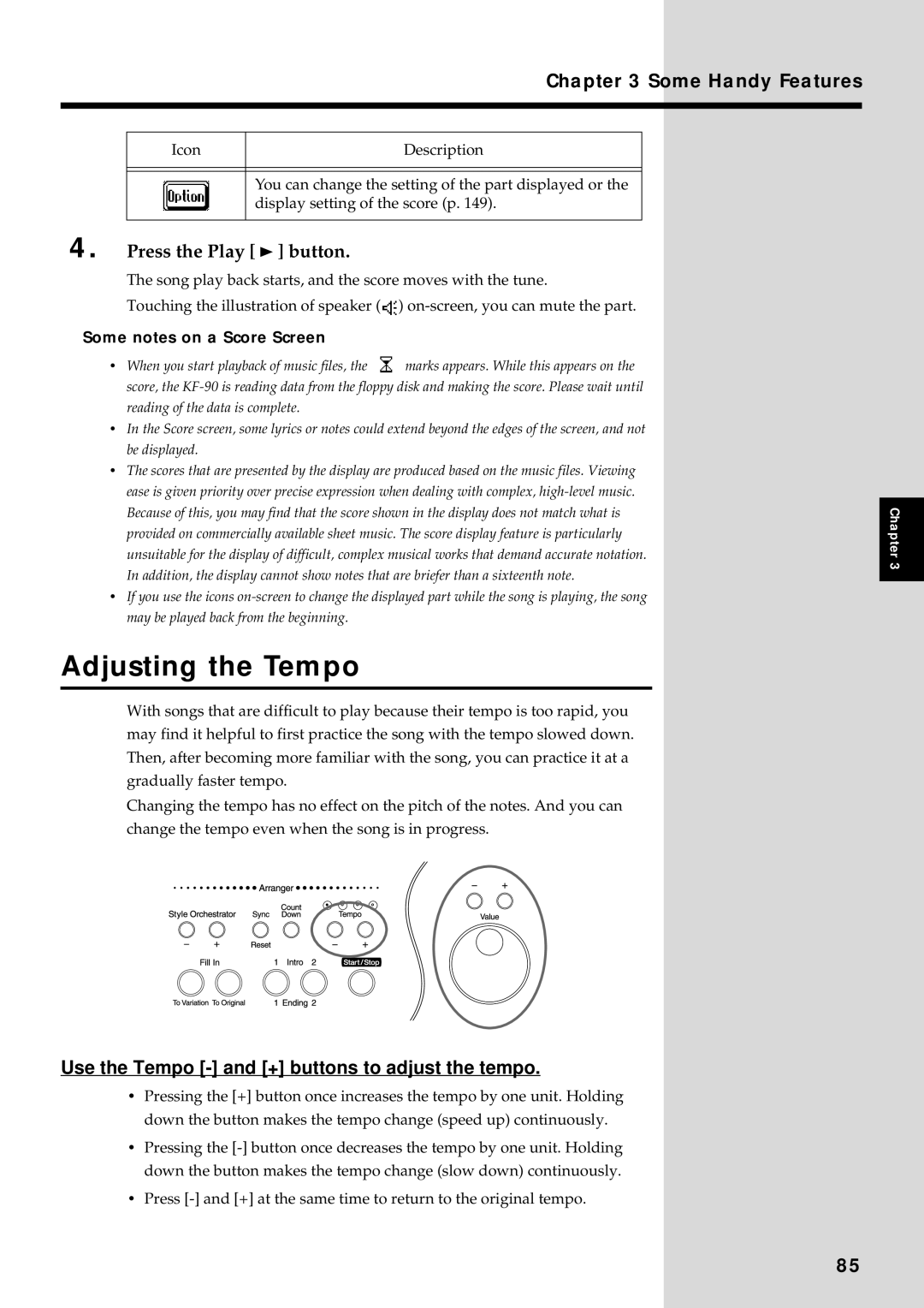 Roland KF-90 owner manual Adjusting the Tempo, Some Handy Features, Press the Play button, Some notes on a Score Screen 