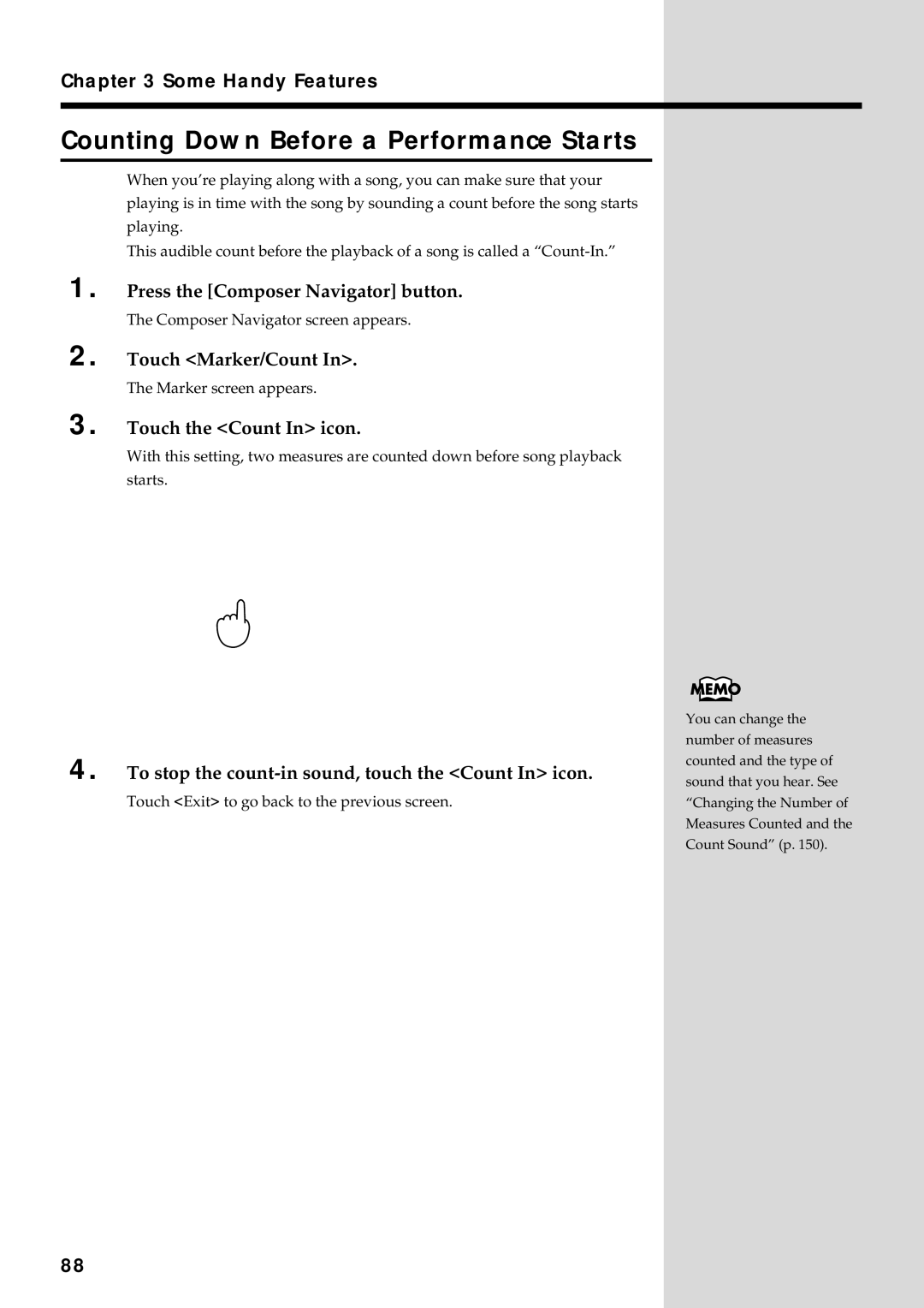 Roland KF-90 Counting Down Before a Performance Starts, Press the Composer Navigator button, Touch Marker/Count 