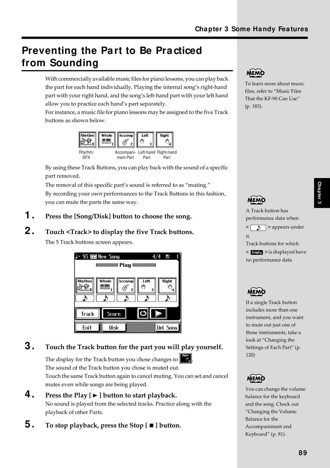 Roland KF-90 Preventing the Part to Be Practiced from Sounding, Touch the Track button for the part you will play yourself 