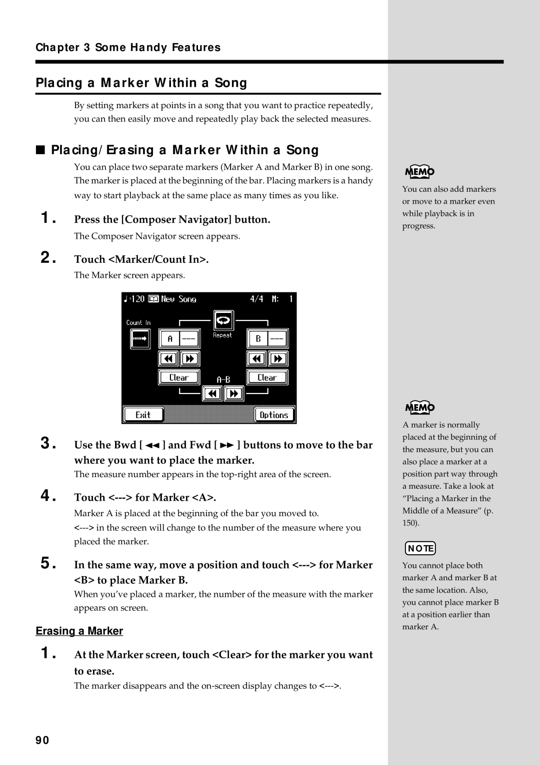 Roland KF-90 owner manual Placing a Marker Within a Song, Placing/Erasing a Marker Within a Song, Touch --- for Marker a 