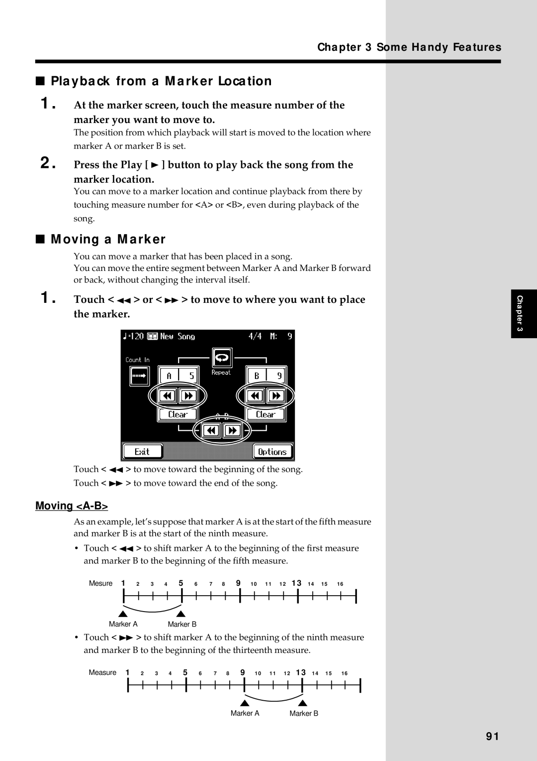 Roland KF-90 Playback from a Marker Location, Moving a Marker, Touch or to move to where you want to place the marker 