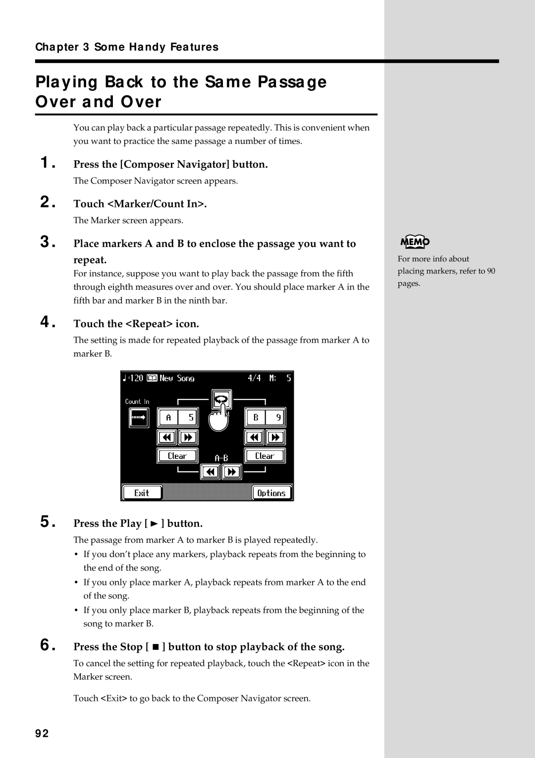 Roland KF-90 owner manual Playing Back to the Same Passage Over and Over, Touch the Repeat icon 