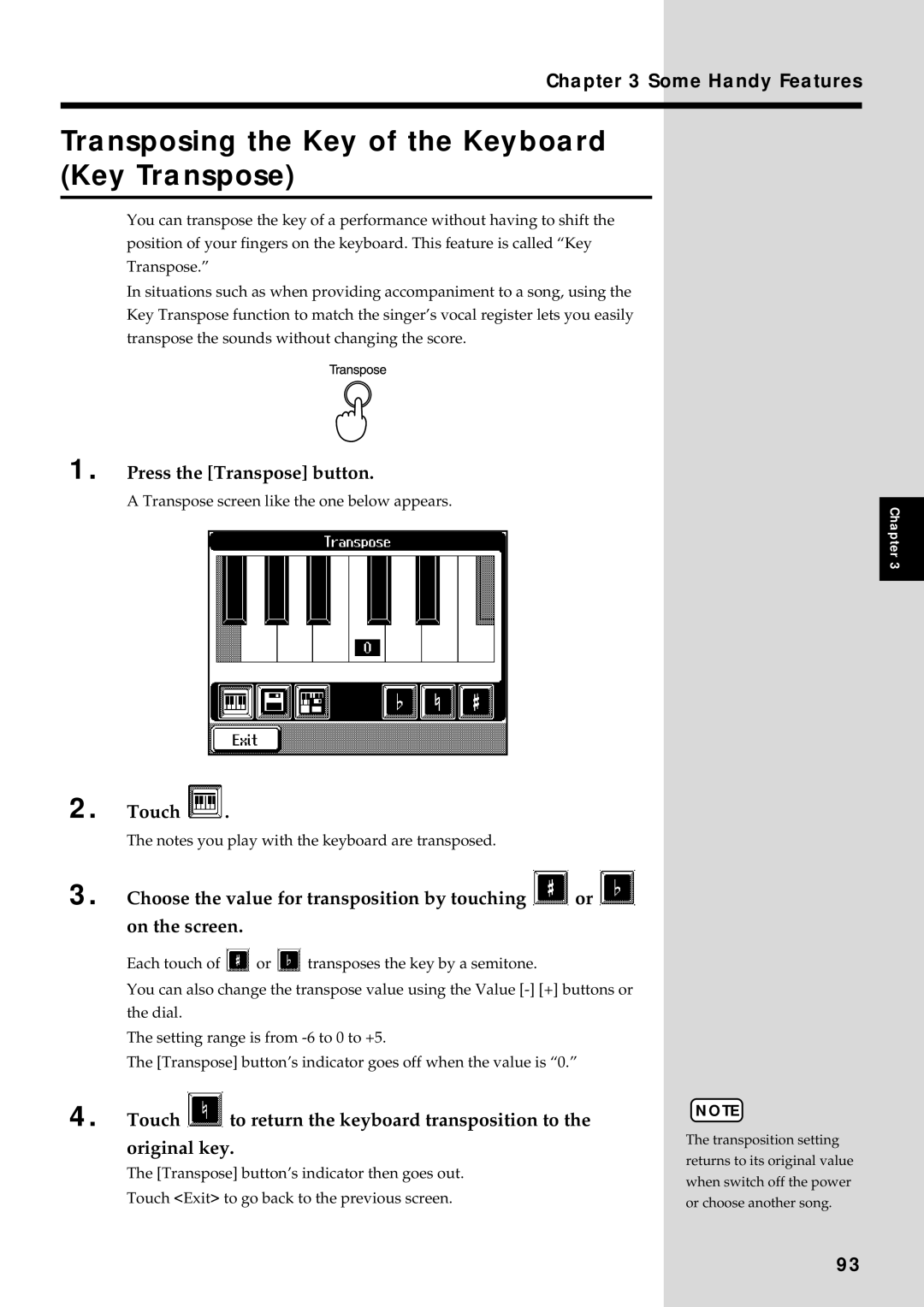 Roland KF-90 owner manual Transposing the Key of the Keyboard Key Transpose, Press the Transpose button 