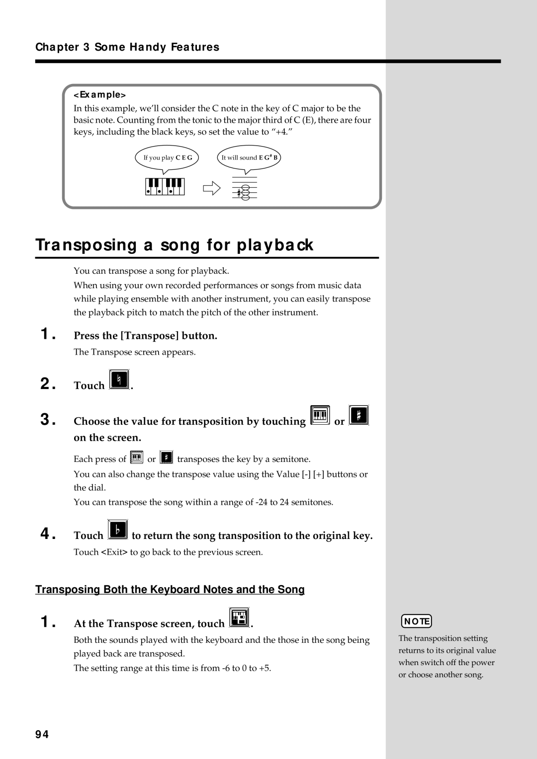 Roland KF-90 Transposing a song for playback, Touch to return the song transposition to the original key, Example 