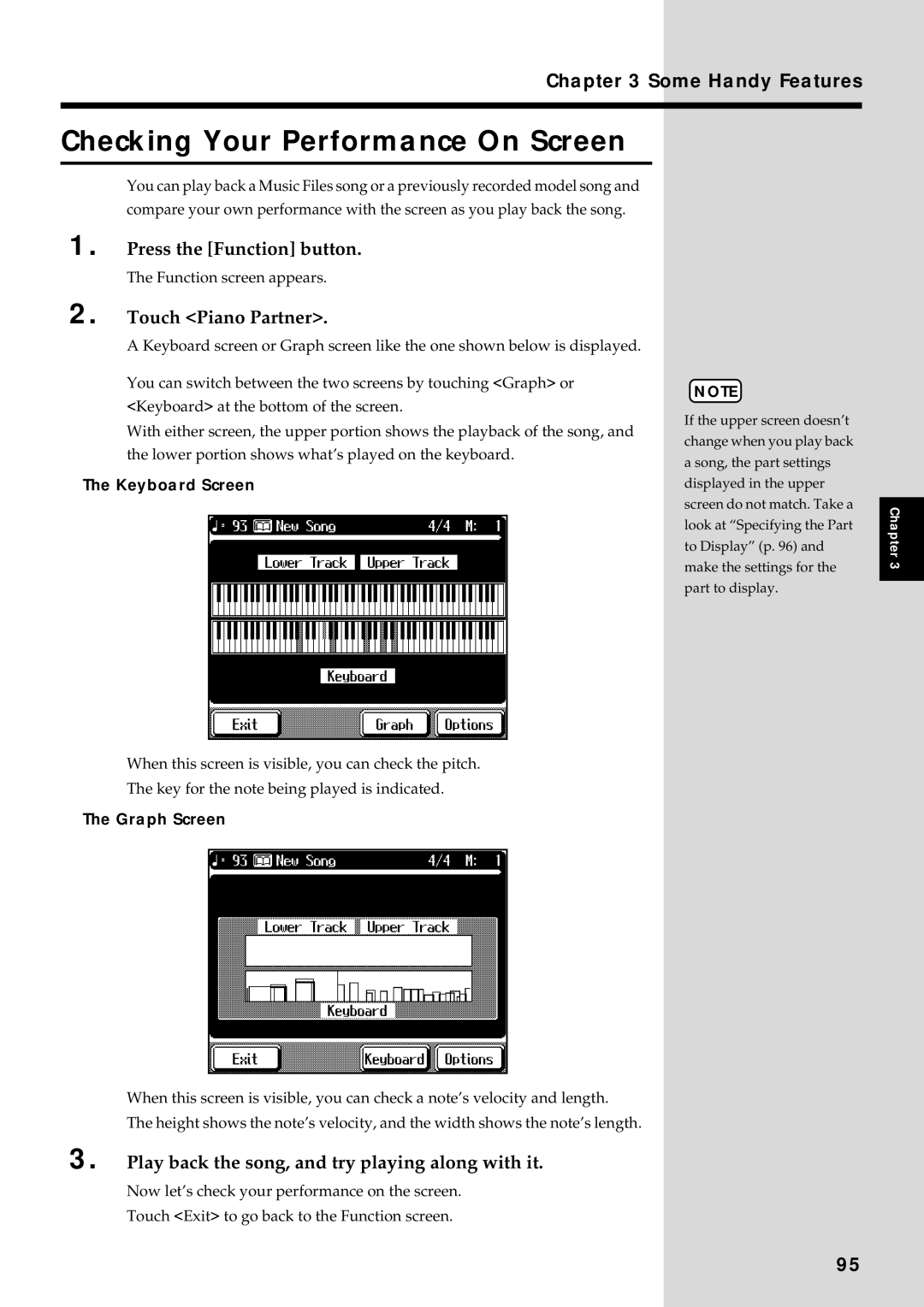 Roland KF-90 owner manual Checking Your Performance On Screen, Press the Function button, Touch Piano Partner 