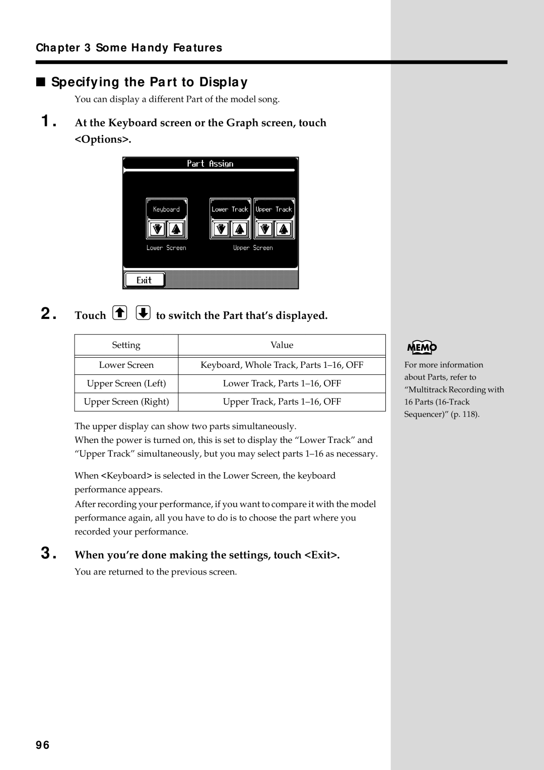 Roland KF-90 owner manual Specifying the Part to Display, At the Keyboard screen or the Graph screen, touch Options 