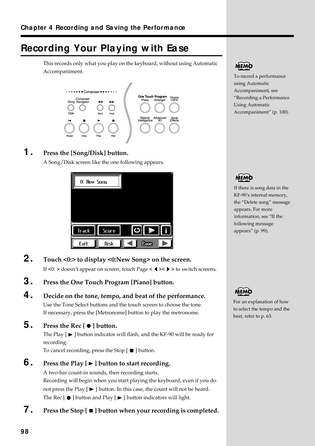 Roland KF-90 owner manual Recording Your Playing with Ease, Recording and Saving the Performance 