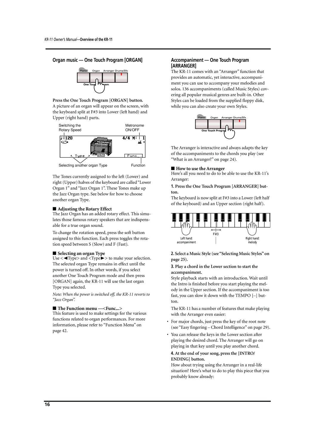 Roland KR-11 owner manual Accompaniment One Touch Program Arranger 