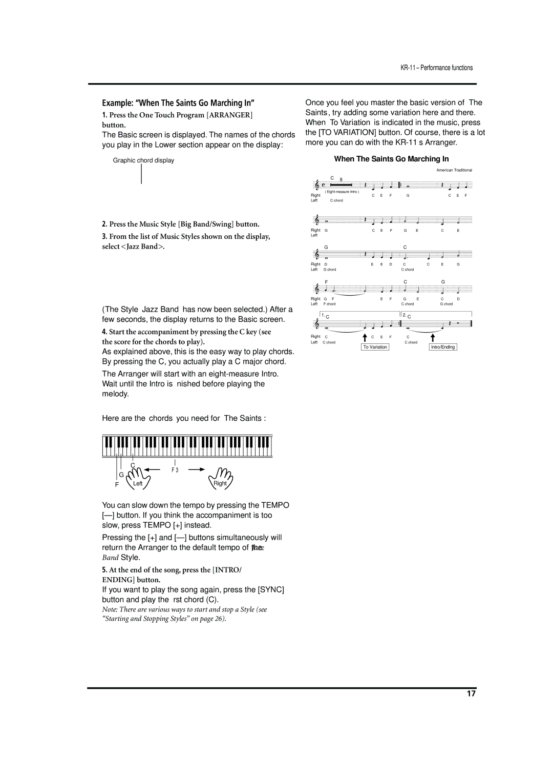 Roland KR-11 owner manual Example When The Saints Go Marching, Press the One Touch Program Arranger button 