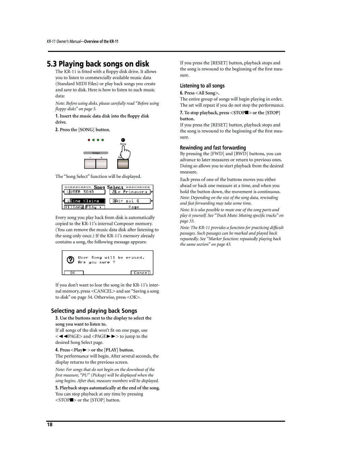 Roland KR-11 owner manual Playing back songs on disk, Selecting and playing back Songs, Listening to all songs 