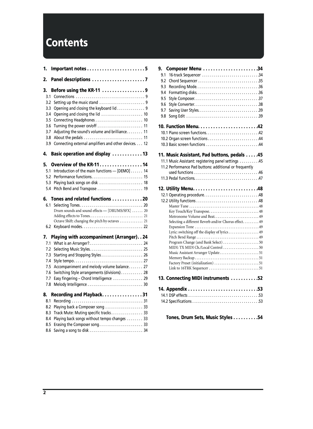 Roland KR-11 owner manual Contents 